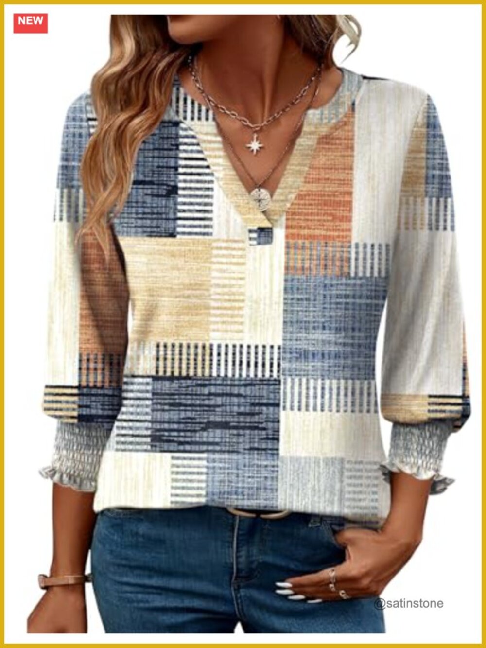 3/4 Sleeve Ruffle Cuff V-Neck Blouse - Soft Stretch Knit Tunic